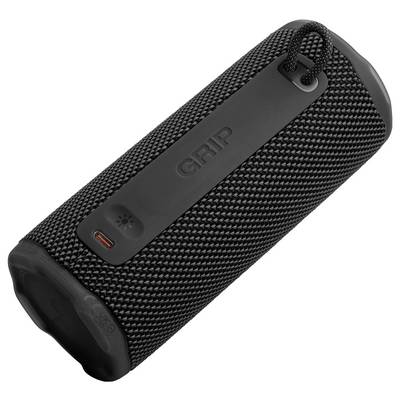 Ein schwarzer, zylindrischer Bluetooth-Lautsprecher mit strukturierter Oberfläche und einem Trageriemen, ausgestattet mit einem Ladeanschluss und Bedienungstasten.