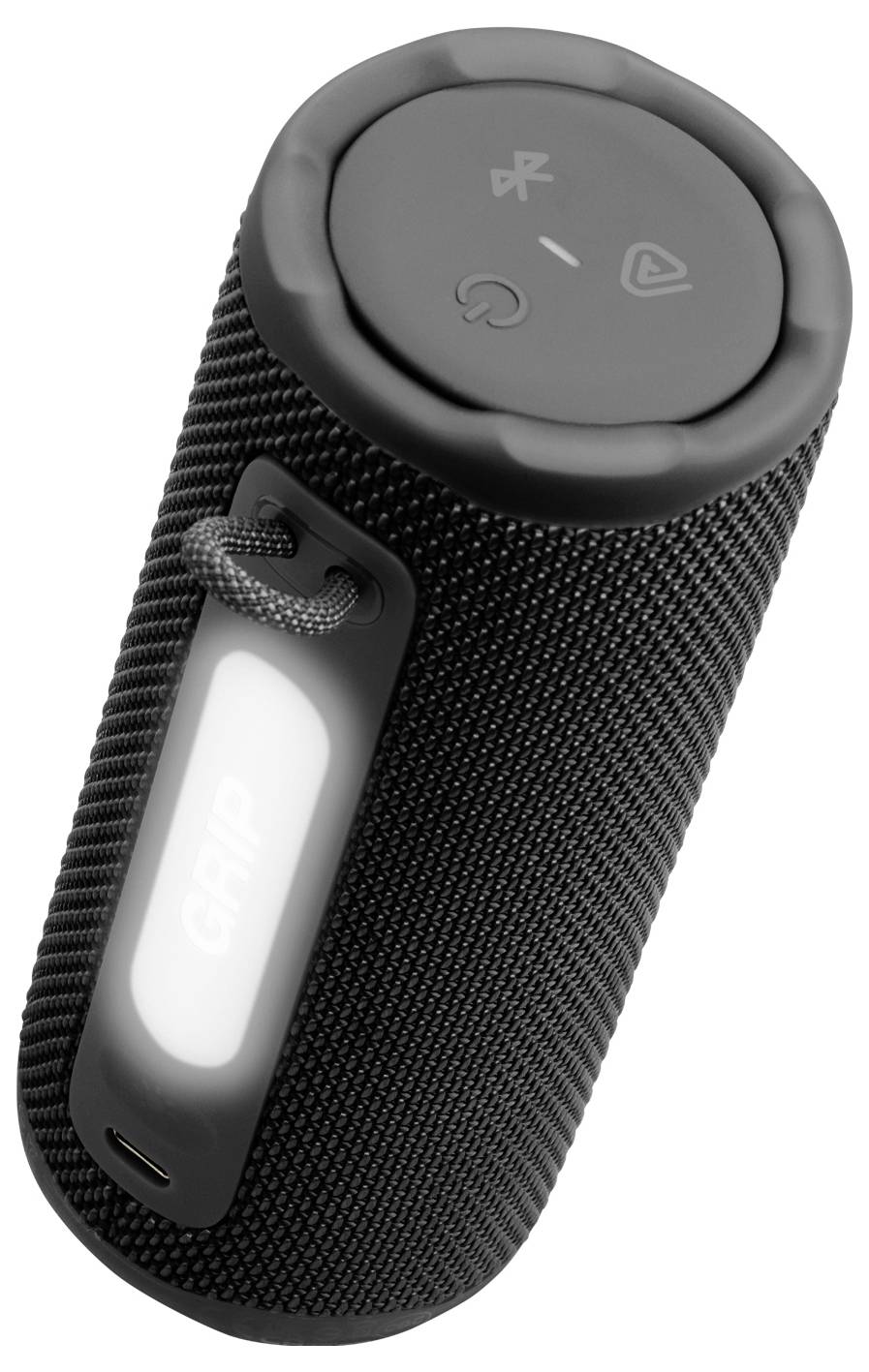 Ein zylindrischer Bluetooth-Lautsprecher mit Steuerungssymbolen auf der Oberseite, strukturiertem Gehäuse und einer Schlaufenriemen.