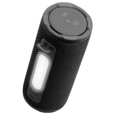 Ein zylindrischer Bluetooth-Lautsprecher mit Steuerungssymbolen auf der Oberseite, strukturiertem Gehäuse und einer Schlaufenriemen.