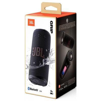 Verpackung eines tragbaren JBL Bluetooth-Lautsprechers, die seine wasserdichte Eigenschaft, 14-stündige Akkulaufzeit und Kompatibilitätsdetails zeigt.