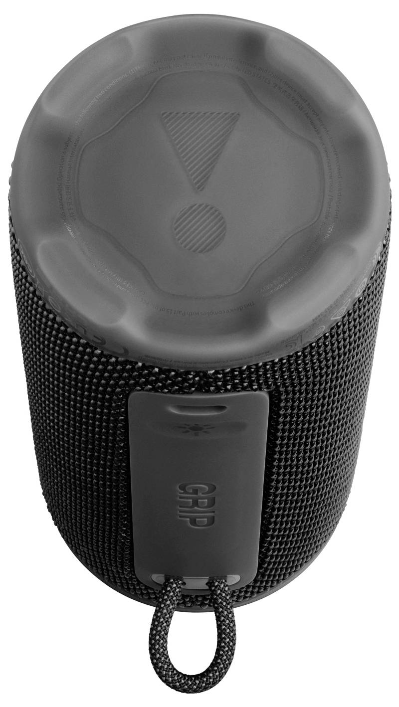 Ein schwarzer tragbarer Bluetooth-Lautsprecher, von oben betrachtet, mit einer strukturierten zylindrischen Gestaltung und einem Riemen zum einfachen Transport.