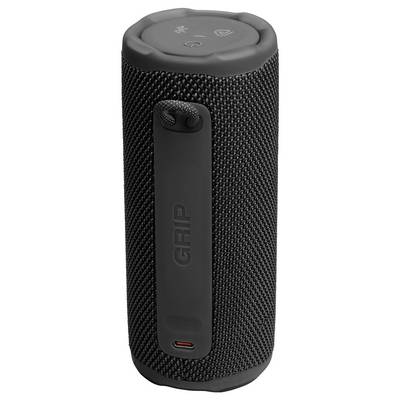 Ein zylindrischer, tragbarer Bluetooth-Lautsprecher mit strukturierter Griffoberfläche und Tasten auf der Oberseite für Ein/Aus, Bluetooth und Lautstärkeregelung.