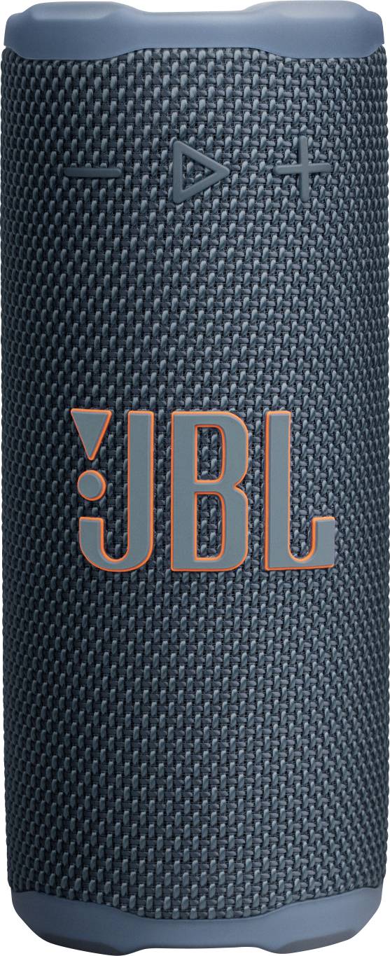 JBL-Bluetooth-Lautsprecher, zylindrische Form, dunkler Stoffbezug, mit Kontrollsymbolen auf der Oberseite.