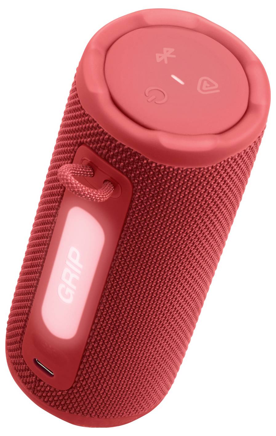 Roter zylindrischer Bluetooth-Lautsprecher mit strukturierter Griffoberfläche und Bedienungstasten auf der Oberseite.