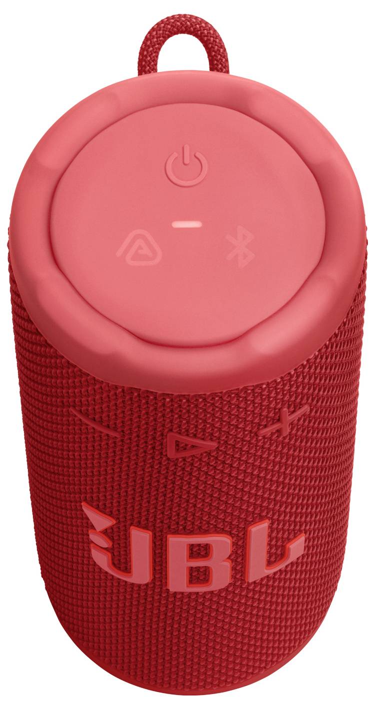 Roter tragbarer Lautsprecher mit Power-, Bluetooth- und Lautstärkeregelungstasten auf der Oberseite.