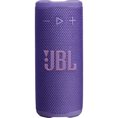 Lila tragbarer Bluetooth-Lautsprecher mit orangefarbenem 'JBL' Logo auf Stoffaußenseite, mit Wiedergabe-, Minus- und Plus-Tasten auf der Oberseite.