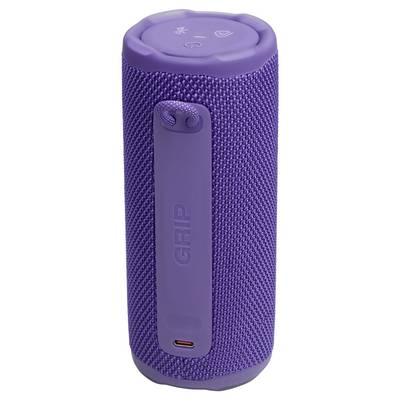 Ein lila zylindischer Bluetooth-Lautsprecher mit Stoffstruktur und Tragegriff.