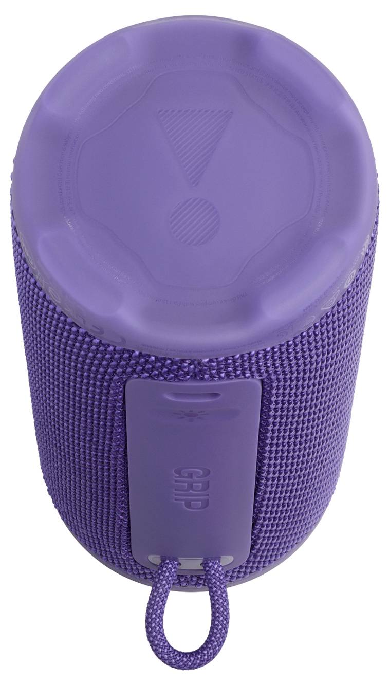 Ein violetter zylindrischer Lautsprecher mit einem strukturierten Stoffbezug, versehen mit einem Tragegriff und einem auffälligen Ausrufezeichensymbol auf der Oberseite.