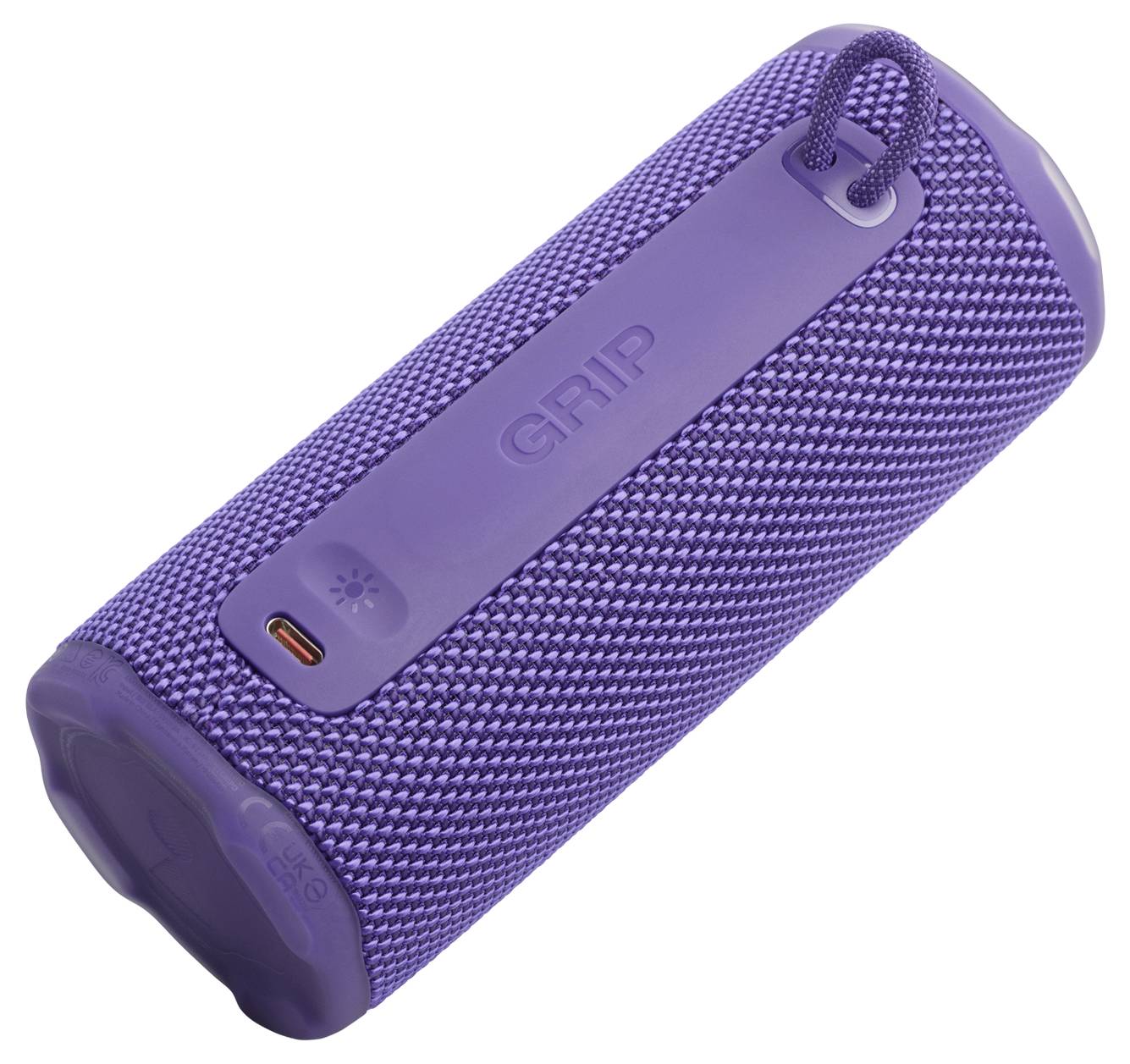 Ein lila tragbarer Lautsprecher mit einem texturierten Stoffaußen und einem Ladeanschluss, der für einfaches Greifen und Haltbarkeit konzipiert ist.