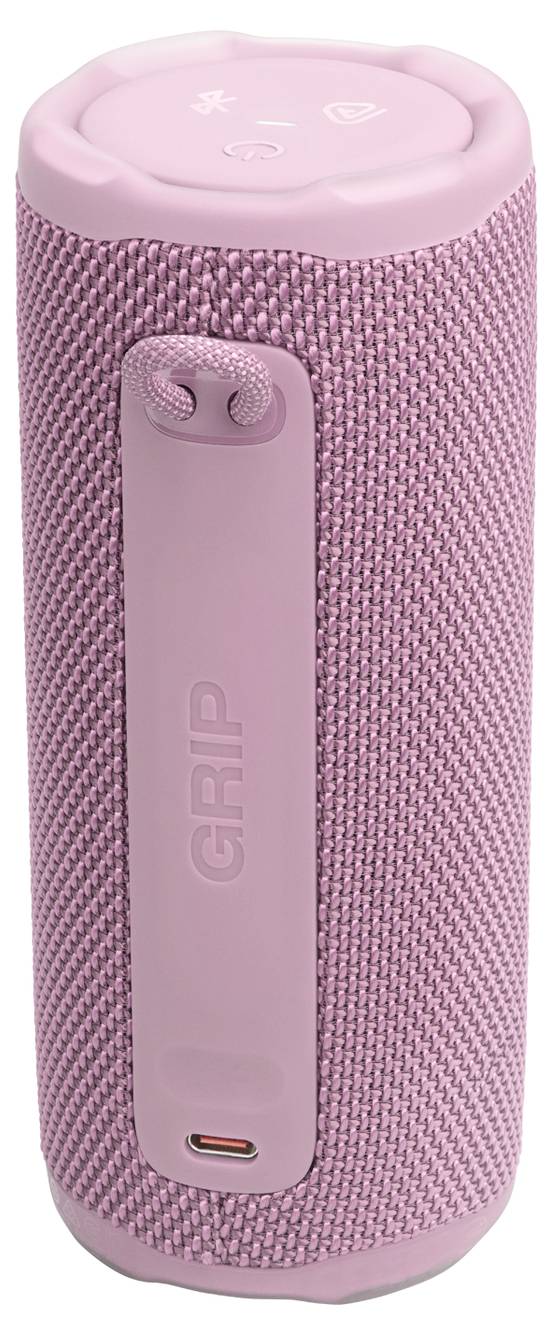 Ein rosa tragbarer Bluetooth-Lautsprecher mit einer strukturierten Oberfläche und einem vertikalen Griffbalken.