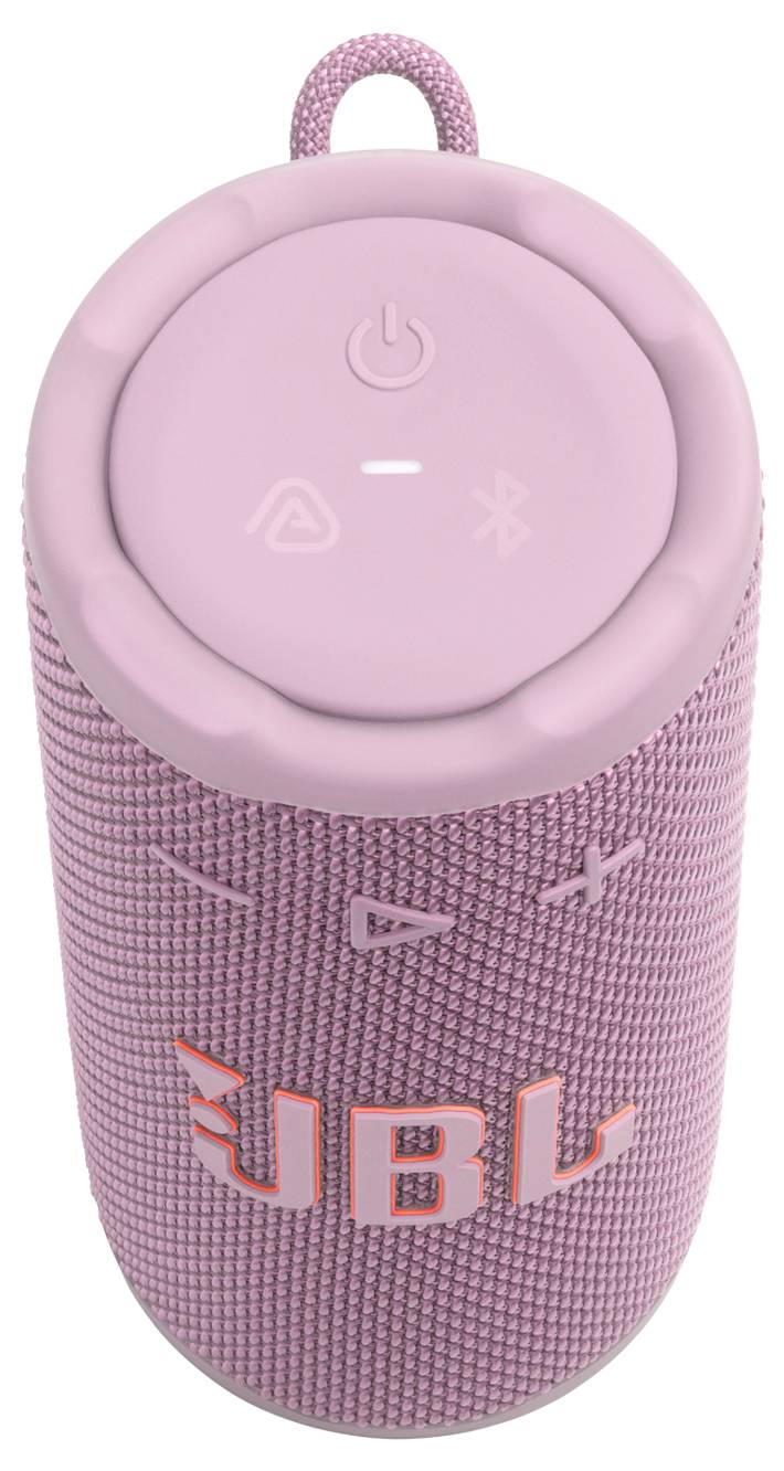 Ein rosa tragbarer Bluetooth-Lautsprecher mit einer zylindrischen Form, ausgestattet mit Bedienungstasten auf der Oberseite und einer strukturierten Außenhaut.