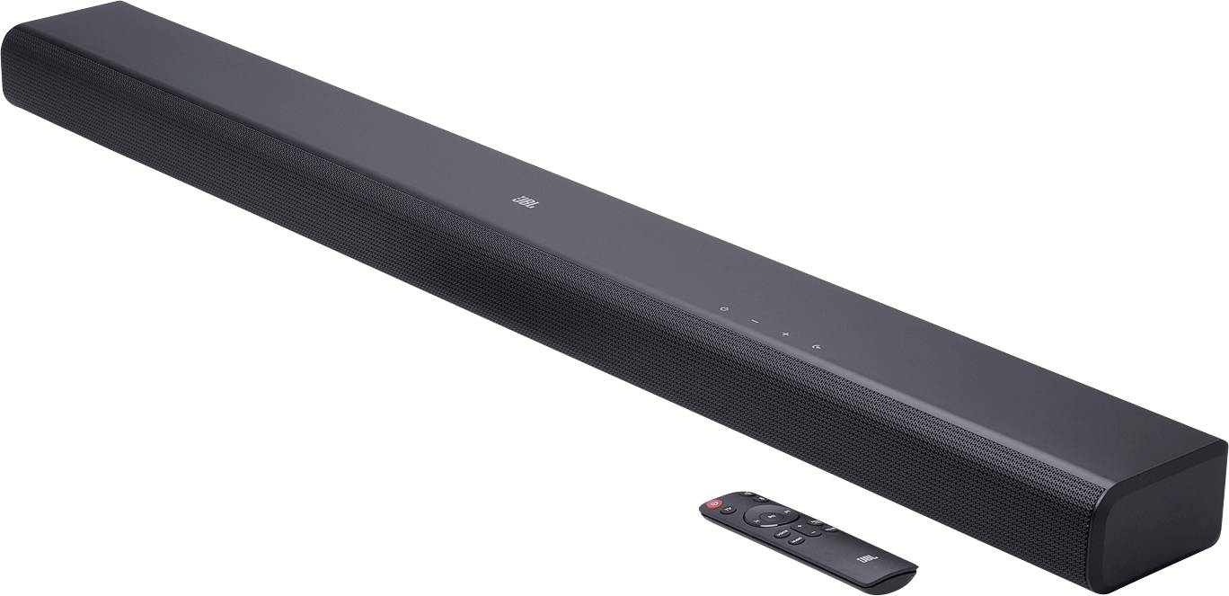 Eine elegante schwarze Soundbar mit subtilen nach vorne ausgerichteten Bedienelementen und Logo, begleitet von einer kleinen schwarzen Fernbedienung auf der rechten Seite.