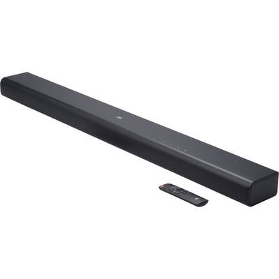 Eine elegante schwarze Soundbar mit subtilen nach vorne ausgerichteten Bedienelementen und Logo, begleitet von einer kleinen schwarzen Fernbedienung auf der rechten Seite.
