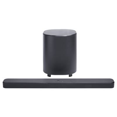 Eine elegante schwarze Soundbar und ein passender Subwoofer sind vor einem weißen Hintergrund positioniert und für immersive Audioerlebnisse im Heimunterhaltungsbereich entwickelt.