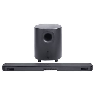 Ein schwarzes Soundbar- und Subwoofer-Set, bestehend aus einer rechteckigen Soundbar und einem zylindrischen Subwoofer mit einer frontseitigen Öffnung.