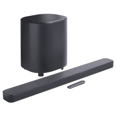 Schwarze Soundbar, Subwoofer und Fernbedienung.