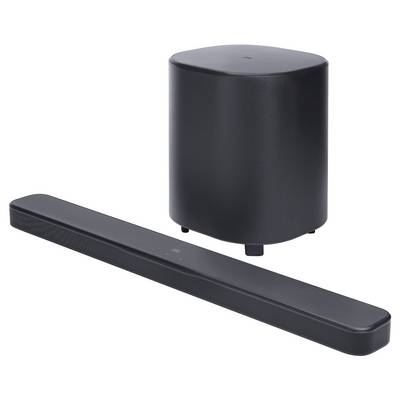 Ein schlankes schwarzes Soundbar- und Subwoofer-Set, präsentiert auf weißem Hintergrund.