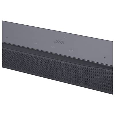 Eine elegante schwarze JBL-Soundbar mit Touchsteuerung für Lautstärke, Ein-/Ausschalter und Konnektivität, entwickelt zur Verbesserung des Audioerlebnisses in Heimumgebungen.