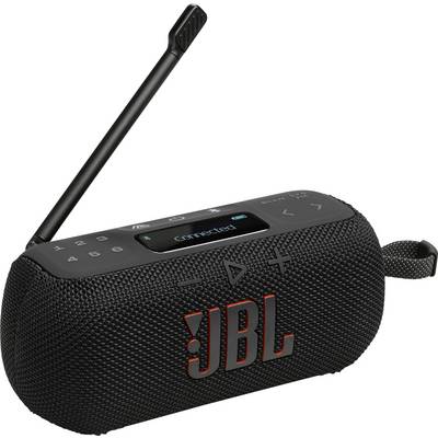 Ein schwarzer tragbarer Bluetooth-Lautsprecher mit einem Trageriemen, der die Bedienelemente auf der Oberseite zeigt. Das LED-Display zeigt das Wort "Verbunden" an.
