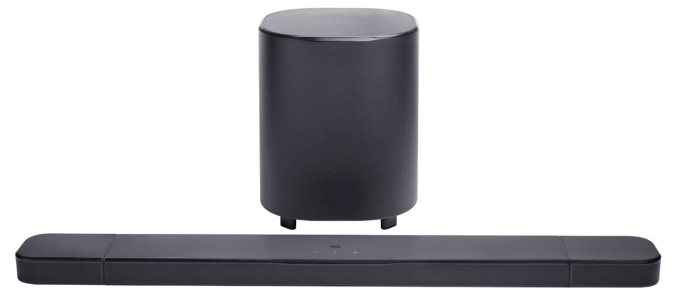 Eine elegante schwarze Soundbar und ein zylindrischer Subwoofer sind vor einem weißen Hintergrund platziert und präsentieren ein modernes Audio-Setup.
