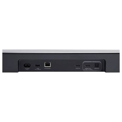 Rückseite des Geräts mit Anschlüssen: Stromversorgung, USB, Ethernet, zwei HDMI und optischer Audioausgang.