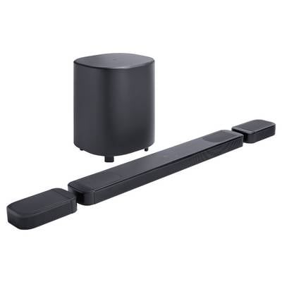 Ein schwarzes Soundbar-Set bestehend aus einer Hauptsoundbar, einem Subwoofer und zwei drahtlosen Satellitenlautsprechern, entwickelt zur Verbesserung der Heimkinoton-Wiedergabe.