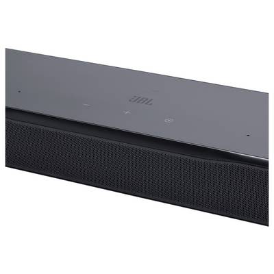 Eine elegante schwarze Soundbar mit minimalistischen Touchsteuerungen, die Lautstärke-, Ein/Aus- und Bluetooth-Verbindungssymbole auf der Oberfläche aufweist.