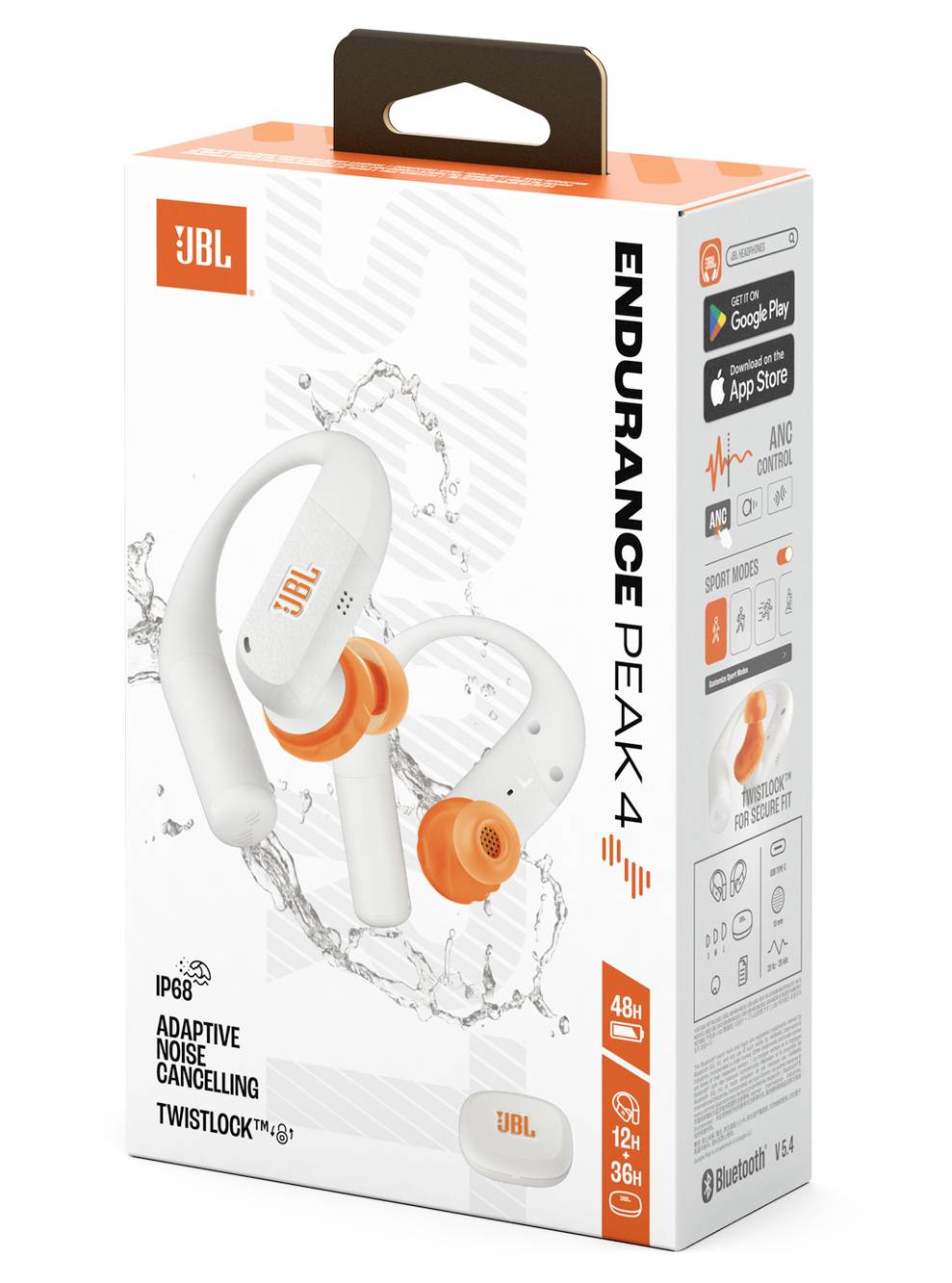 Verpackung der JBL Endurance Peak 4 Kopfhörer mit adaptiver Geräuschunterdrückung und Twistlock-Technologie, mit einer Akkulaufzeit von 48 Stunden.