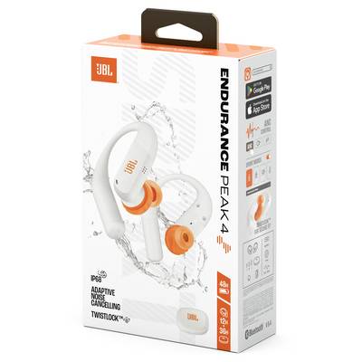 Verpackung der JBL Endurance Peak 4 Kopfhörer mit adaptiver Geräuschunterdrückung und Twistlock-Technologie, mit einer Akkulaufzeit von 48 Stunden.