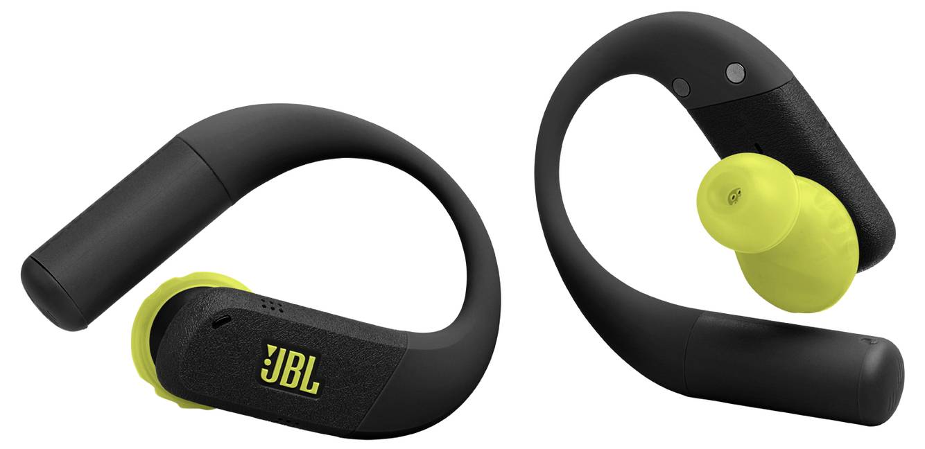 Schwarze In-Ear-Kopfhörer mit leuchtend gelben Aufsätzen, auf deren Seite das 'JBL' Logo angebracht ist. Entwickelt für einen sicheren, bequemen Sitz, ideal für aktive Nutzung.