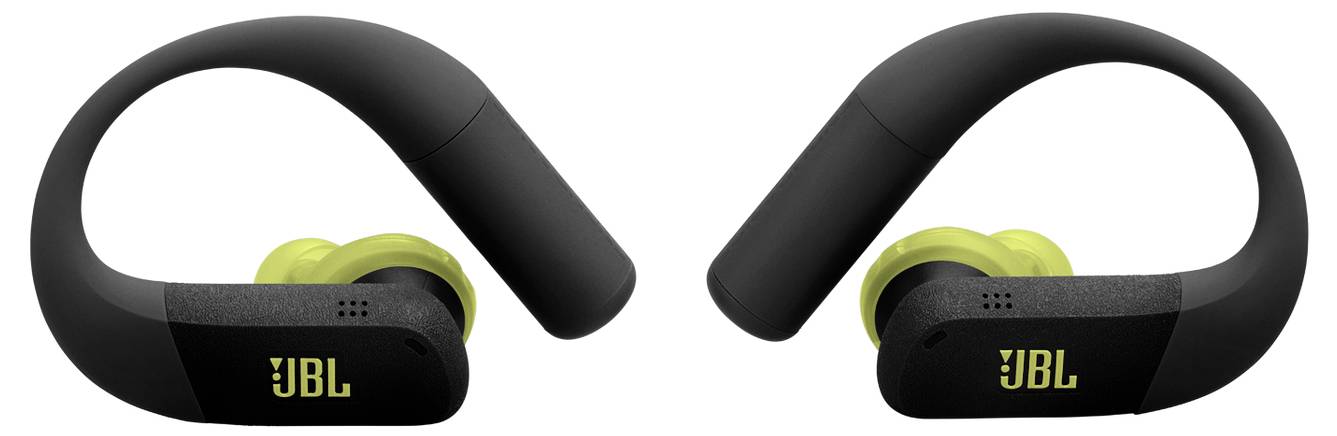 Schwarze JBL kabellose Kopfhörer mit grünen Ohreinsätzen. Sie verfügen über Haken, die für einen sicheren Halt bei Sportaktivitäten entwickelt wurden.