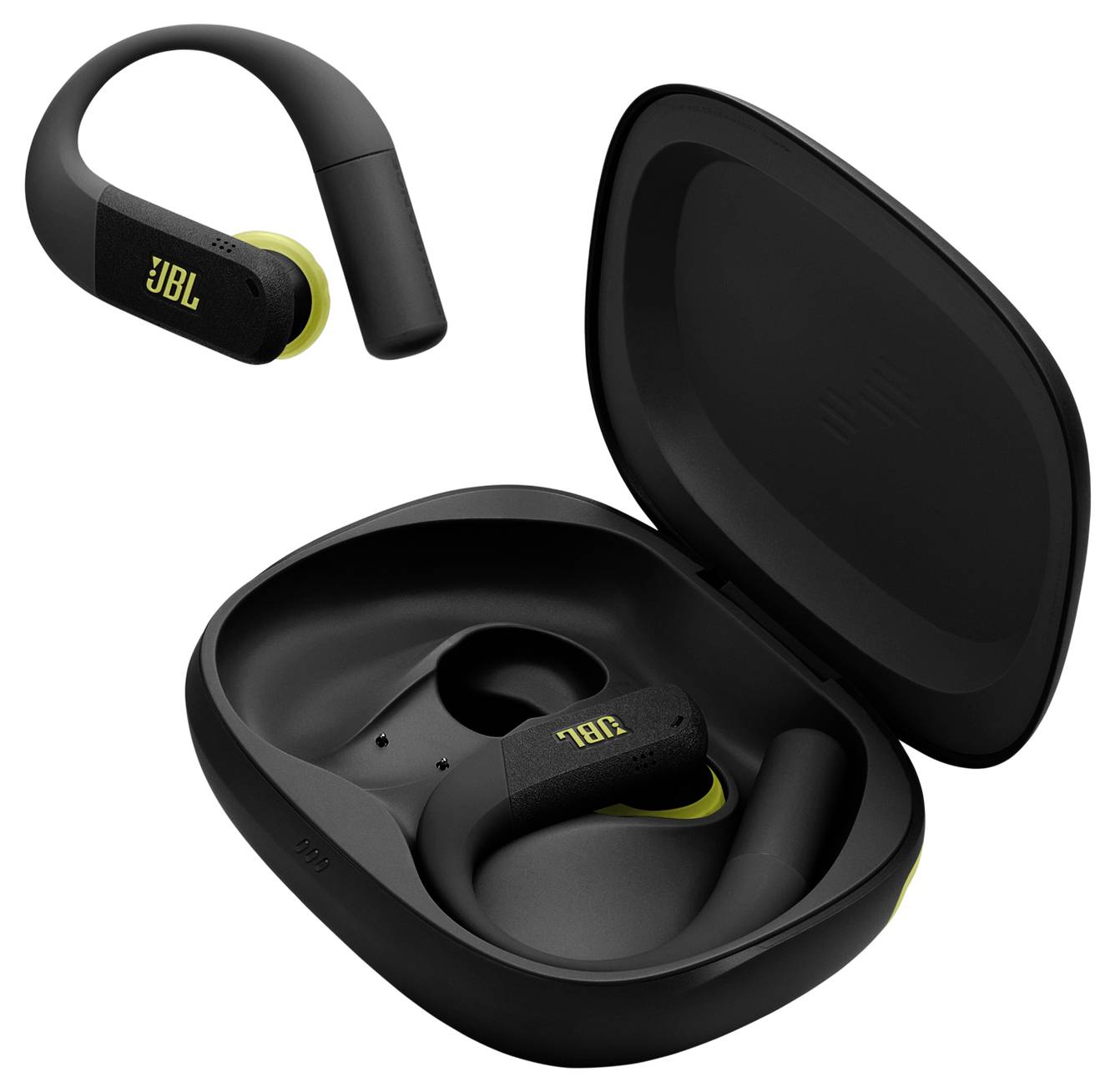 Ein Paar schwarze JBL-Wireless-Ohrhörer mit Neongelb-Akzenten, wobei einer in einem geöffneten Ladecase und der andere außerhalb des Cases gezeigt wird.