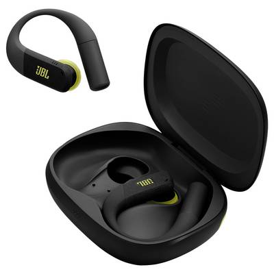 Ein Paar schwarze JBL-Wireless-Ohrhörer mit Neongelb-Akzenten, wobei einer in einem geöffneten Ladecase und der andere außerhalb des Cases gezeigt wird.