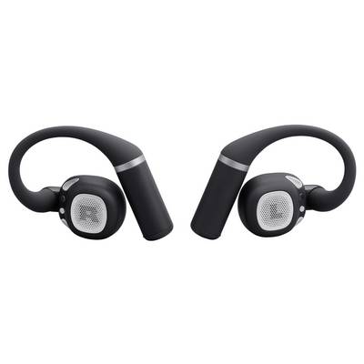 Schwarze kabellose Over-Ear-Kopfhörer mit flexiblen Ohrbügeln und silbernen Akzenten, entwickelt für Sport und aktive Lebensstile.