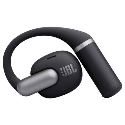 Eine schwarze JBL Open-Ear-Kopfhörer mit elegantem, modernem Design, ausgestattet mit einem zylindrischen Mikrofon- oder Batteriesegment und einem komfortablen Ohrbügel.