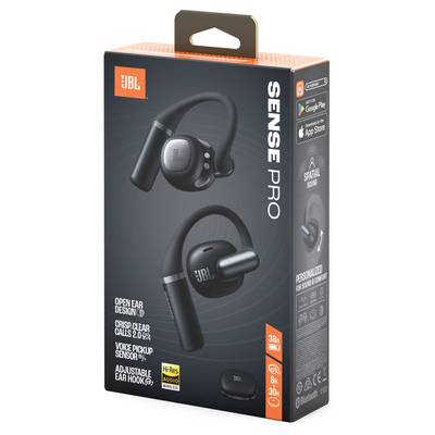 Box für 'JBL Sense Pro' Ohrhörer mit Spatial Sound, verstellbaren Ohrbügeln und beworbener Akkulaufzeit von 38 Stunden. Kompatibel mit Android und Apple.