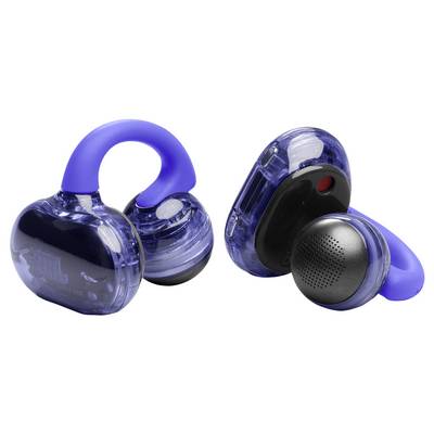 Blaue und schwarze In-Ear-Kopfhörer mit einem einzigartigen Haken-Design für einen sicheren Sitz.