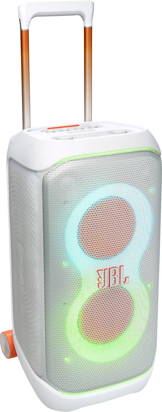 Tragbarer Lautsprecher mit Rollgriff, weiß-orangefarbenes Design, mit LED-Leuchten auf der Frontplatte, Markenlogo zentriert.