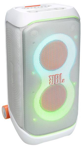 Ein tragbarer JBL-Lautsprecher mit beleuchteten Ringen an der Vorderseite, in einem weißen und orangefarbenen Design, geeignet für Partys und den Einsatz im Freien.
