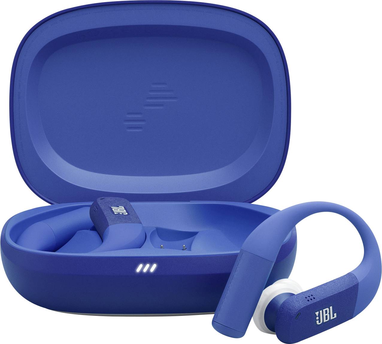 Blaue kabellose Kopfhörer mit Ohrbügeln, präsentiert in einem offenen Ladeetui, mit Markenlogo auf beiden Kopfhörern und dem Etui.