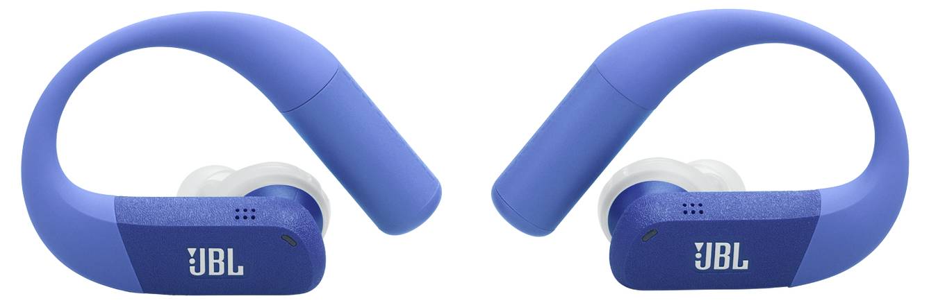 Blaue kabellose Ohrhörer mit Ohrbügeln, versehen mit dem JBL-Logo an der Seite, entwickelt für einen sicheren Sitz während körperlicher Aktivitäten.