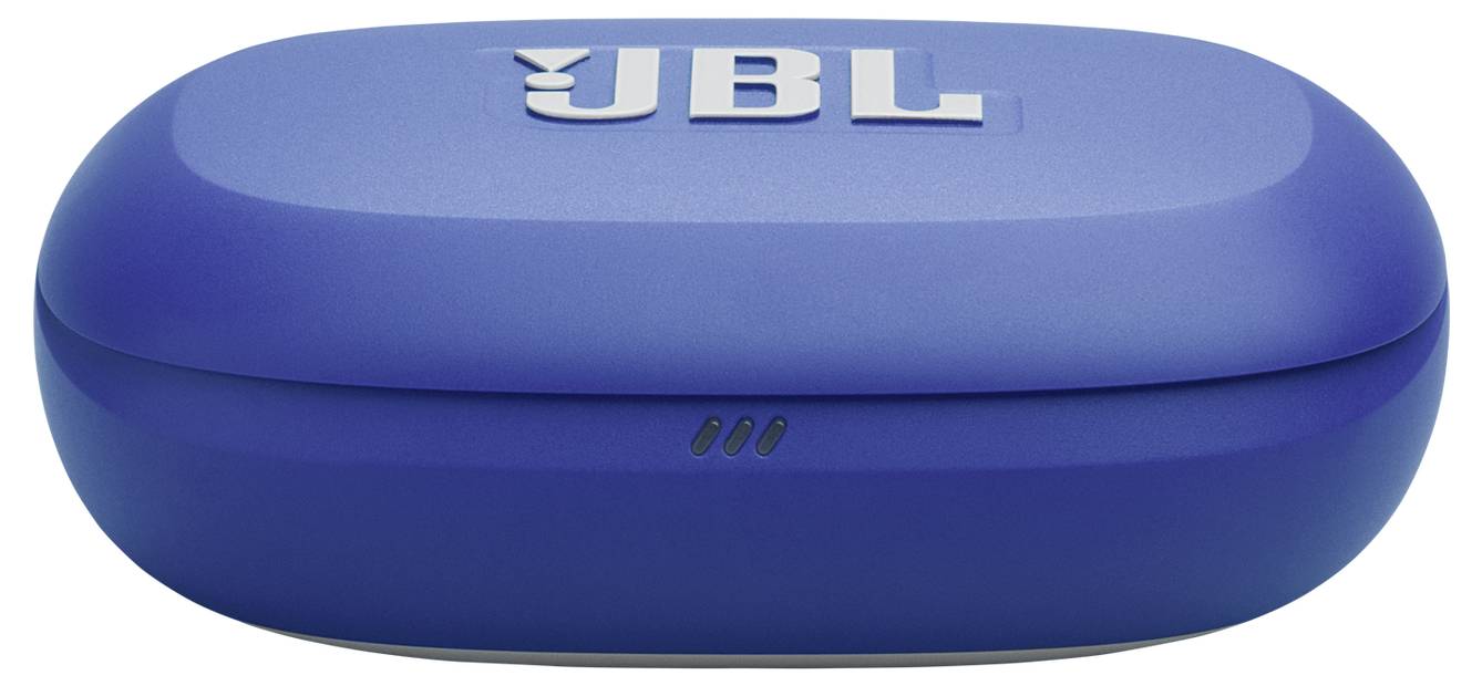 Eine blaue, ovale Schachtel mit einem 'JBL' Logo auf der Oberseite, höchstwahrscheinlich für kabellose Ohrhörer oder Kopfhörer, vor einem weißen Hintergrund abgebildet.