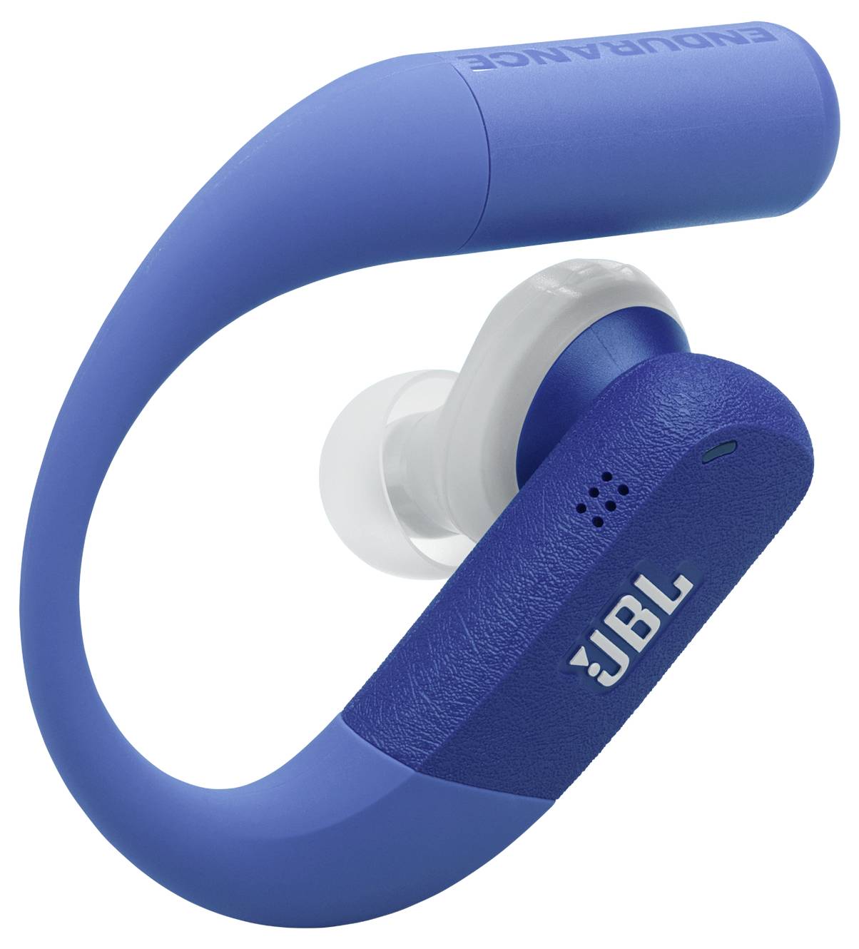 Ein blauer drahtloser Earbud mit sicherem Haken-Design, beschriftet als 'JBL Endurance', entwickelt für aktive Nutzung mit Fokus auf Komfort und Stabilität.