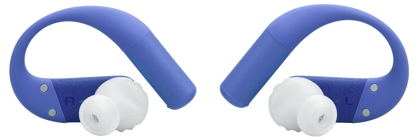 Blaue kabellose Ohrhörer, die mit Ohrbügeln ausgestattet sind und für einen sicheren Sitz während körperlicher Aktivitäten konzipiert wurden. Ausgestattet mit weißen Ohrhörern, die mit 'R' und 'L' gekennzeichnet sind.