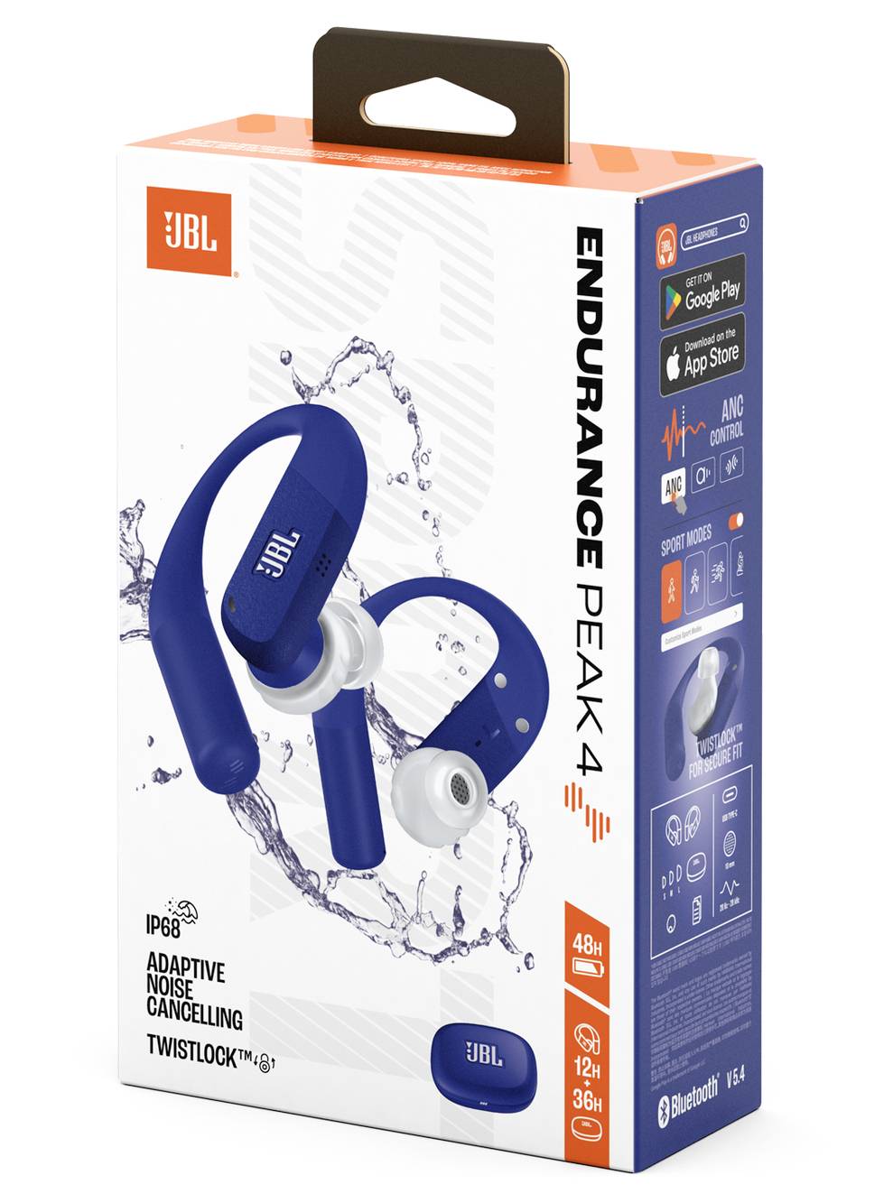 Blaue JBL Endurance Peak 4 kabellose Ohrhörer auf Produktverpackung dargestellt. Merkmale aufgelistet: IP68-Bewertung, adaptive Geräuschunterdrückung, 48-Stunden-Akkulaufzeit.