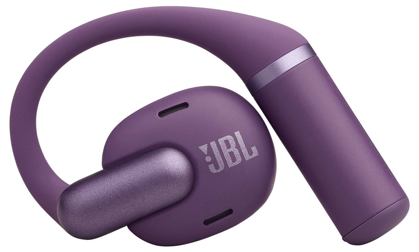 Ein lila JBL drahtloser Ohrhörer mit Schlaufendesign, der ein schlankes und modernes Aussehen für bequemes Tragen präsentiert.