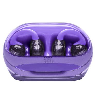 Violette kabellose Ohrhörer in einem Ladeetui mit durchsichtigem Deckel; das Etui hat ein Logo auf der Vorderseite.