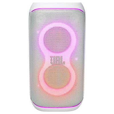 Ein zylindrischer Lautsprecher mit rosa und orangen leuchtenden Ringen um seine Doppeltreiber. Das JBL-Logo ist zentriert auf dem vorderen Gitter.