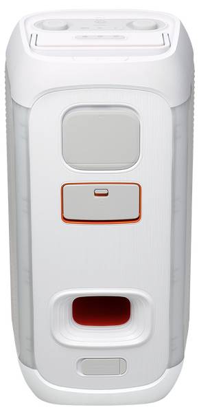 Ein weißes rechteckiges elektronisches Gerät mit zwei großen Tasten, wobei eine in Orange umrandet ist. Das Gerät scheint ein Haushaltsgerät oder Gadget zu sein.