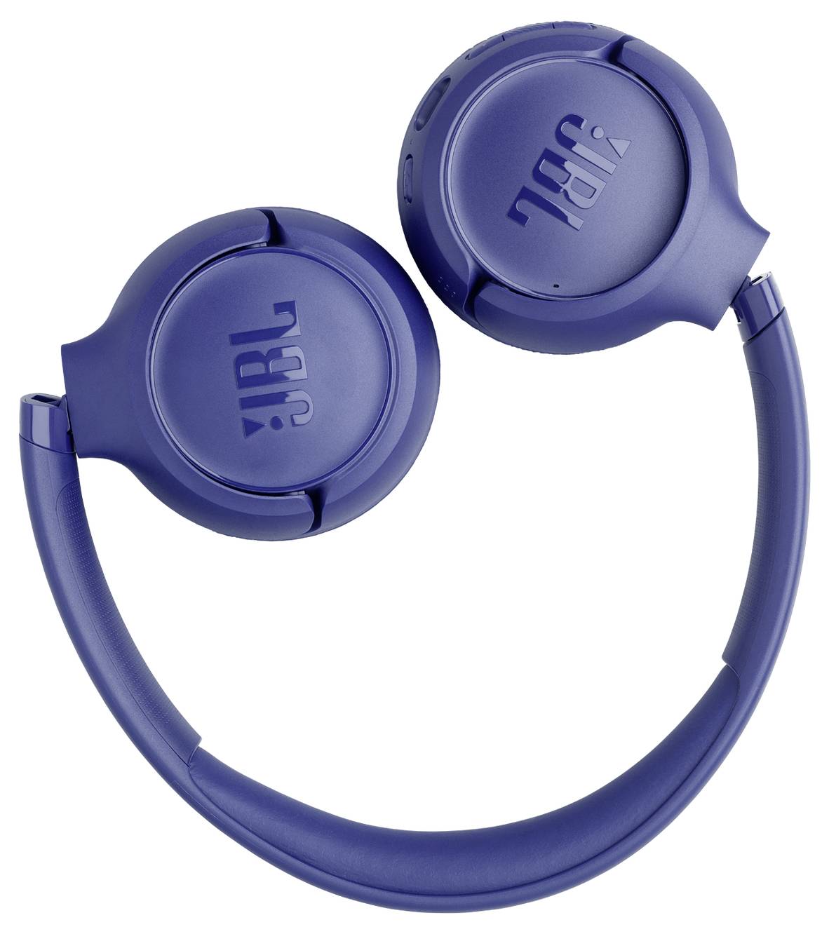 Blaue Over-Ear-Kopfhörer kompakt zusammengefaltet, wobei das JBL-Logo auf beiden Ohrmuscheln zu sehen ist.